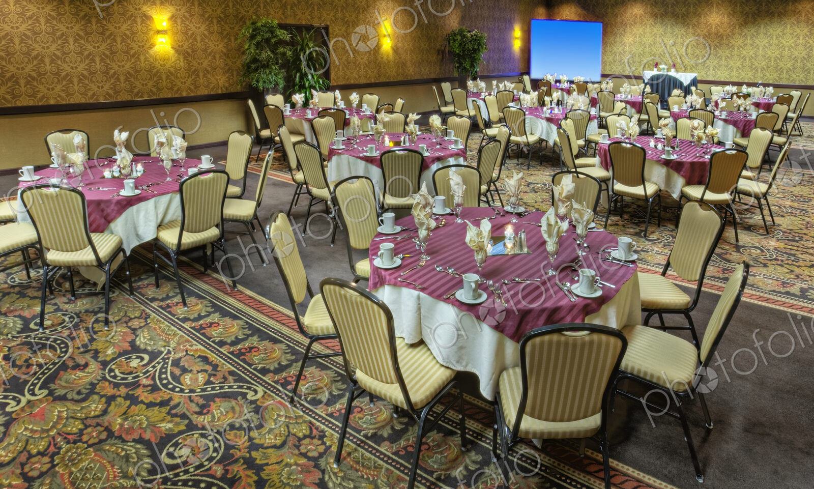Tables in empty banquet room