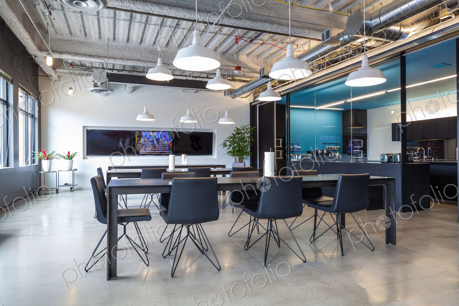 Tables in open office dining area