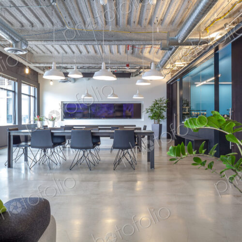 Tables in open office dining area