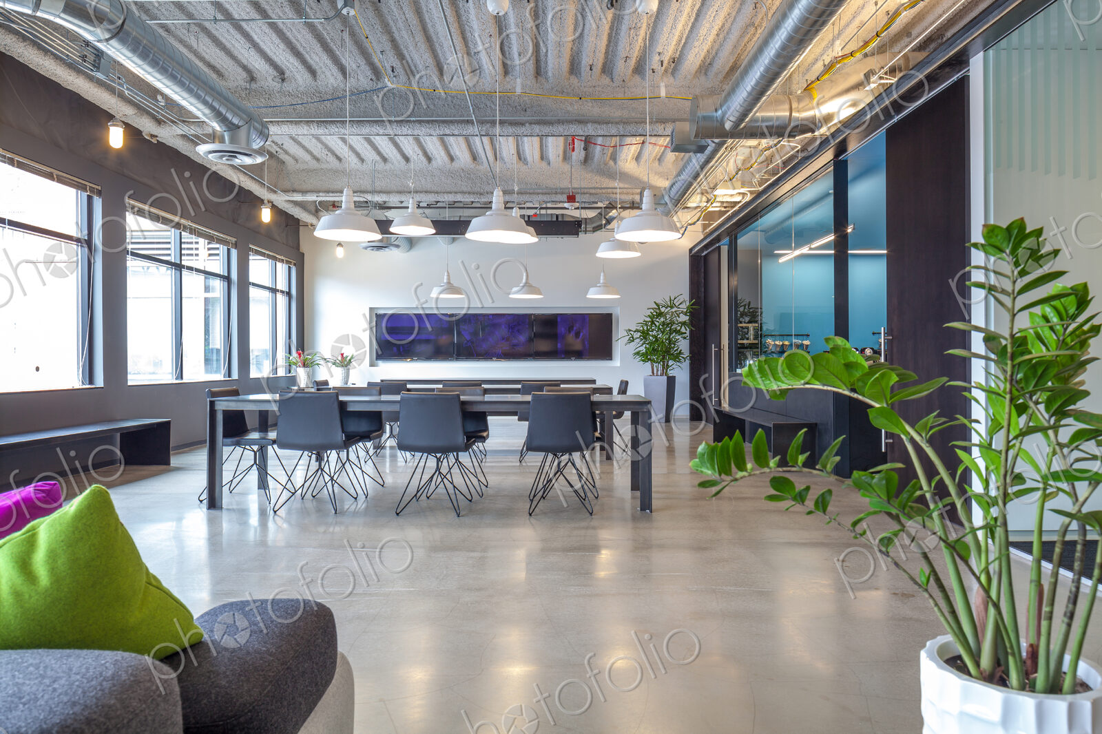 Tables in open office dining area