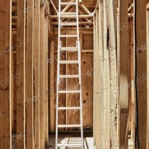 Tall Extension Ladder in an Unfinished Building
