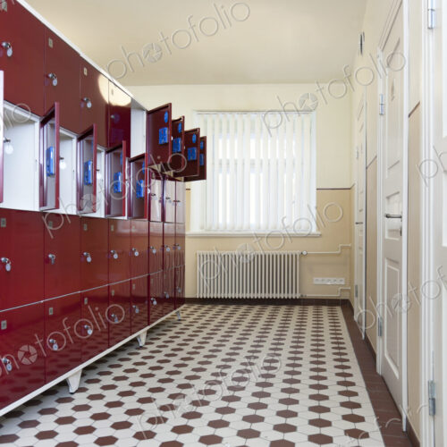 Tartu University in Estonia, interior view of locker room with red metal lockable… Tartu University in Estonia, interior view of locker room with red metal lockable…