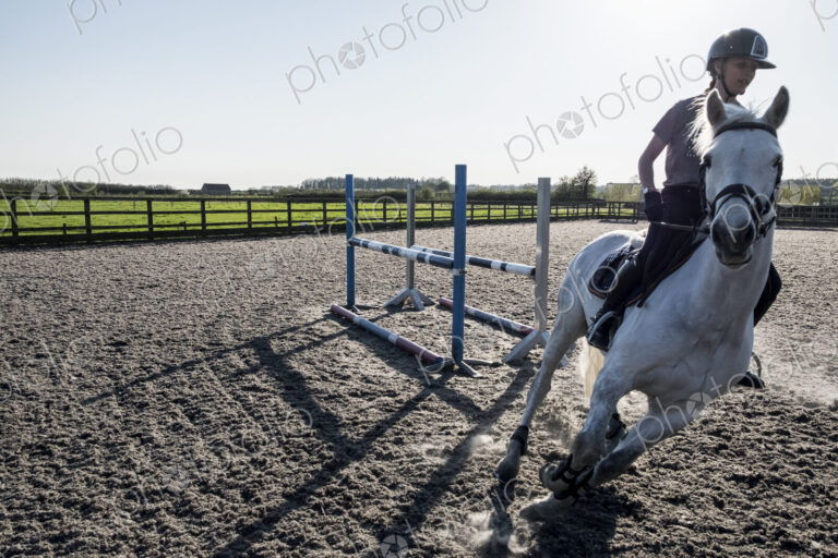 Teenage girl riding on a white horse in a paddock, taking a corner, horse moving at speed.