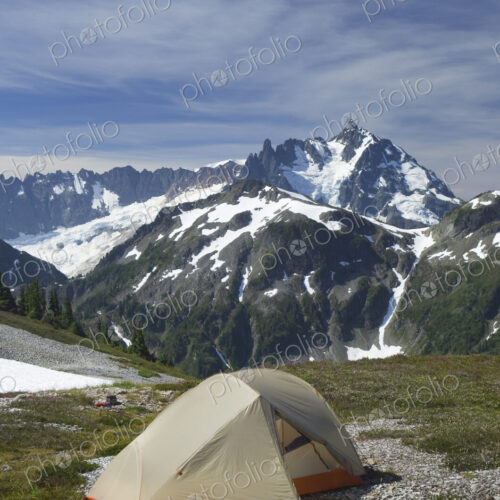 Tent at campsite in remote landscape