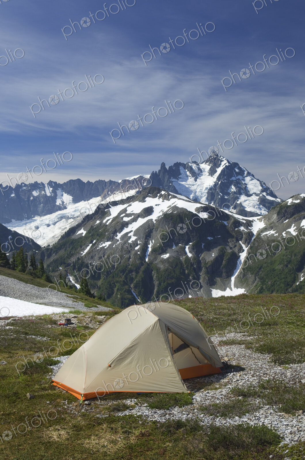 Tent at campsite in remote landscape