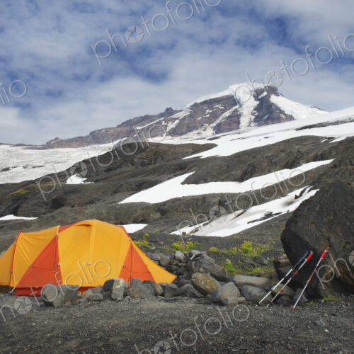 Tent at campsite in remote landscape