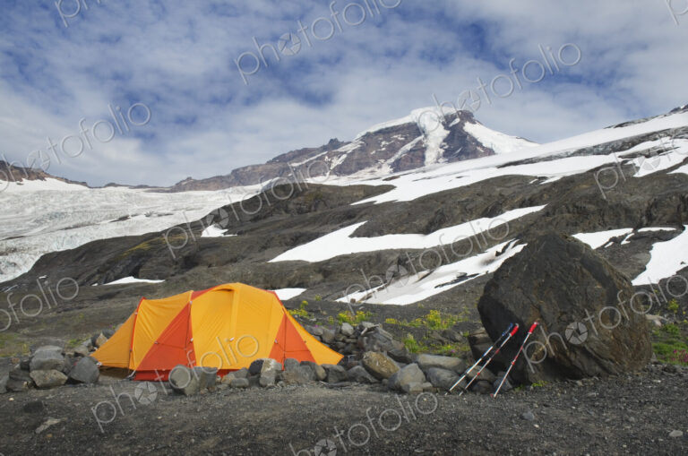 Tent at campsite in remote landscape