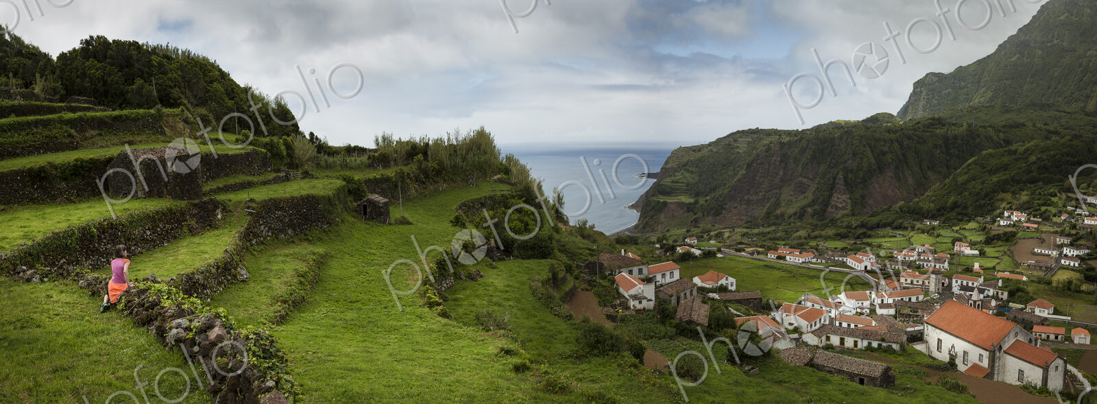 Terraced hillsides over village in coastal landscape