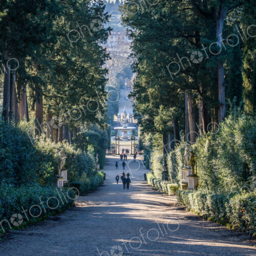 The Boboli Gardens in Florence, a tree lined path with statues and view of the central… The Boboli Gardens in Florence, a tree lined path with statues and view of the central…