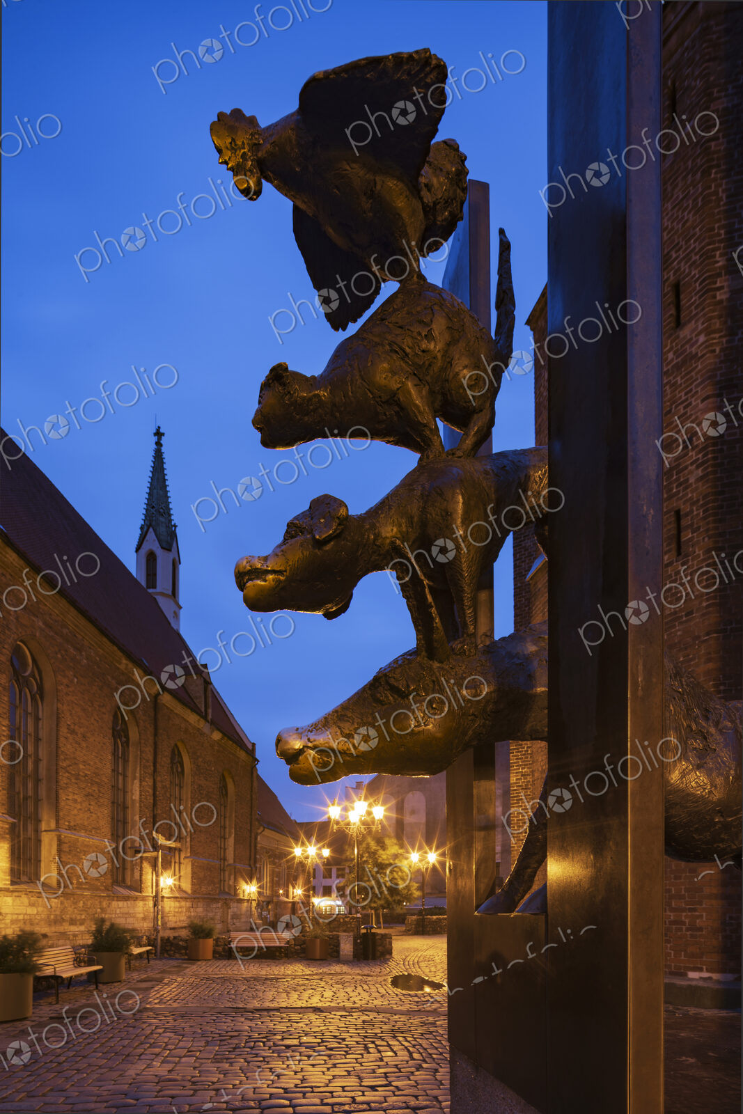 The Bremen Town Musicians sculpture, inspired by a Brothers Grimm fairy tale, stack of…