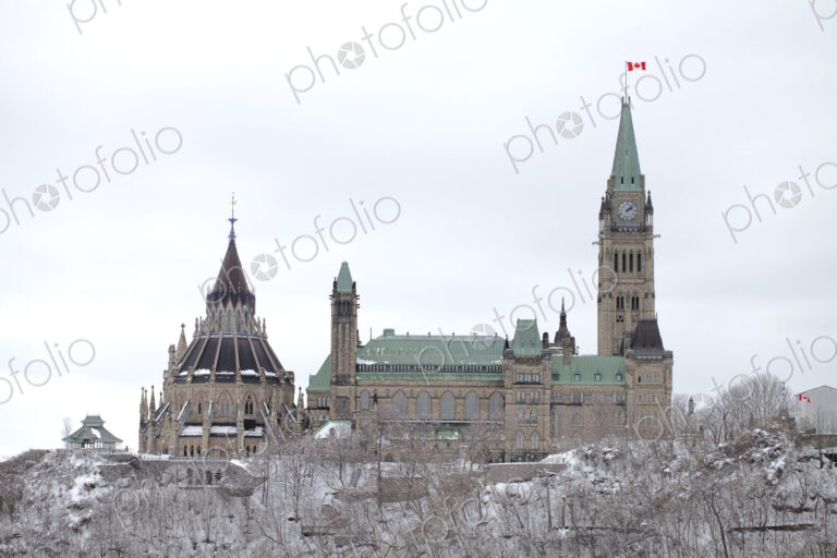 The Canada Parliament building in winter, elevated view of the House of Commons, 19th…