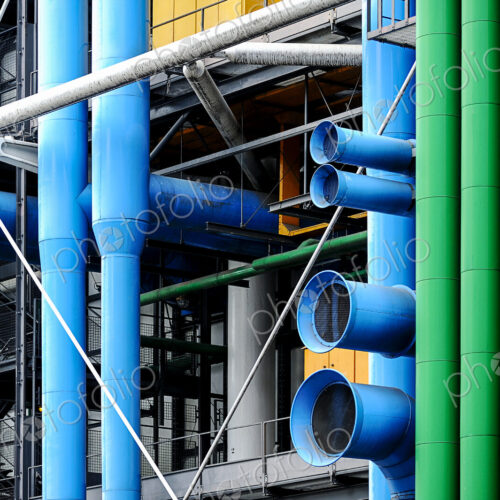 The Centre Pompidou building in Paris, exterior blue and green pipes.