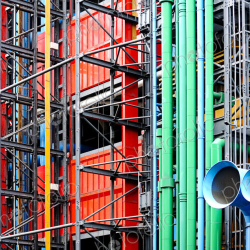 The Centre Pompidou building in Paris, exterior blue and green pipes.