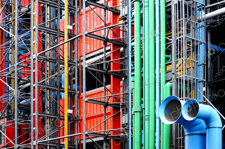 The Centre Pompidou building in Paris, exterior blue and green pipes.