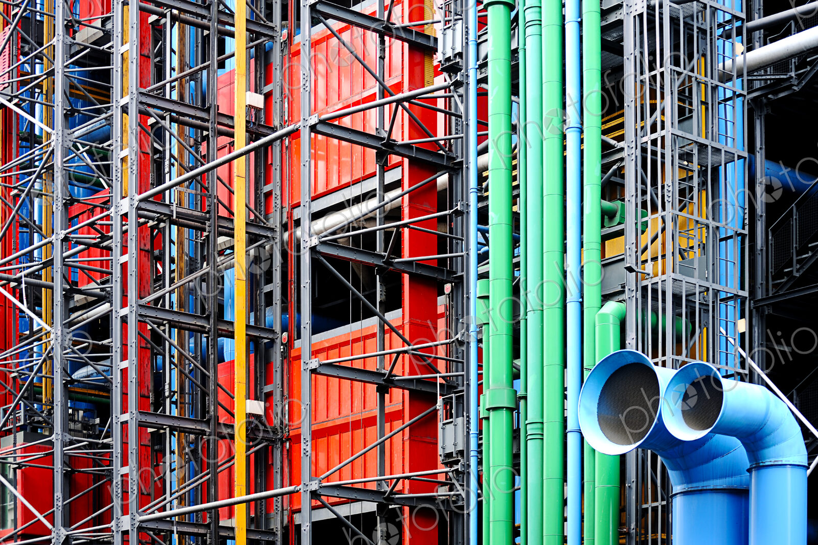The Centre Pompidou building in Paris, exterior blue and green pipes.
