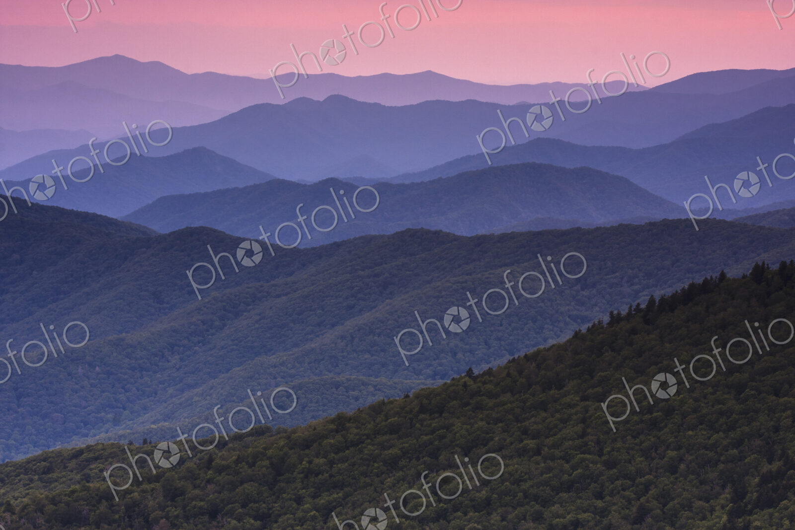 The Great Smoky Mountains in Tennessee at dusk.