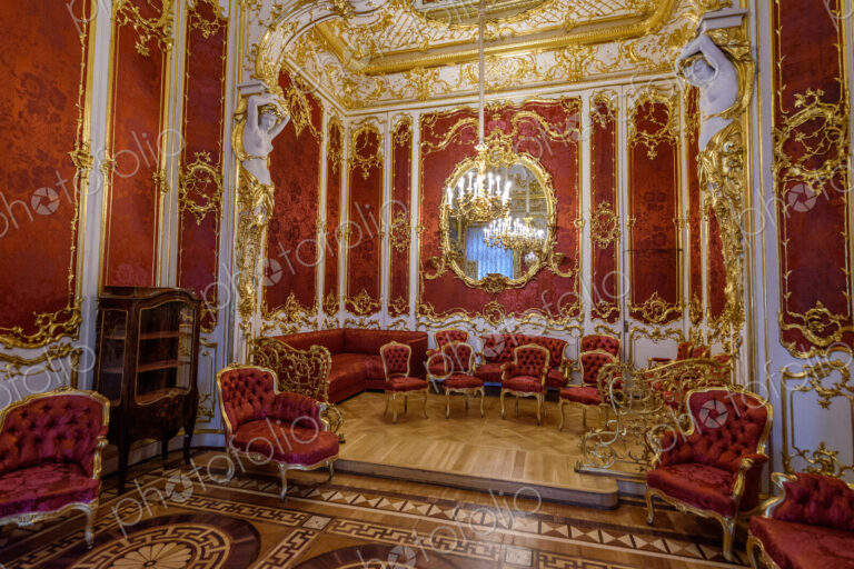 The Hermitage museum, the Winter Palace of the Tzars, the Gold Drawing Room with red…