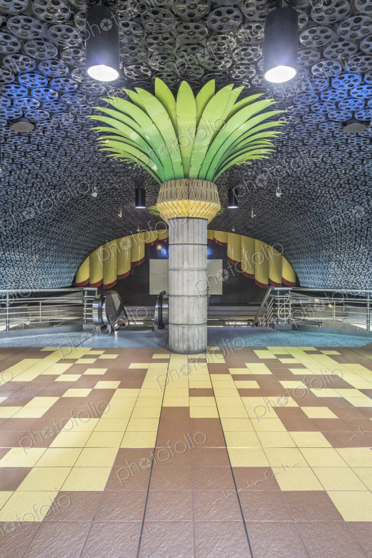 The Hollywood Vine rapid transit underground station, a pillar decorated as a palm…