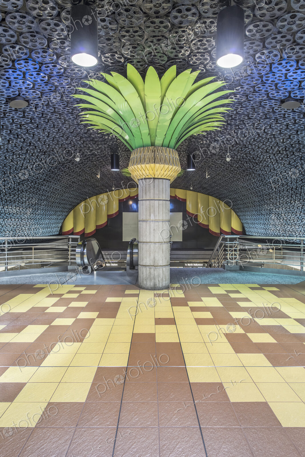 The Hollywood Vine rapid transit underground station, a pillar decorated as a palm…