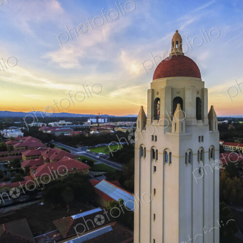 The Hoover Tower and view above Stanford at sunset in Palo Alto in California. The Hoover Tower and view above Stanford at sunset in Palo Alto in California.