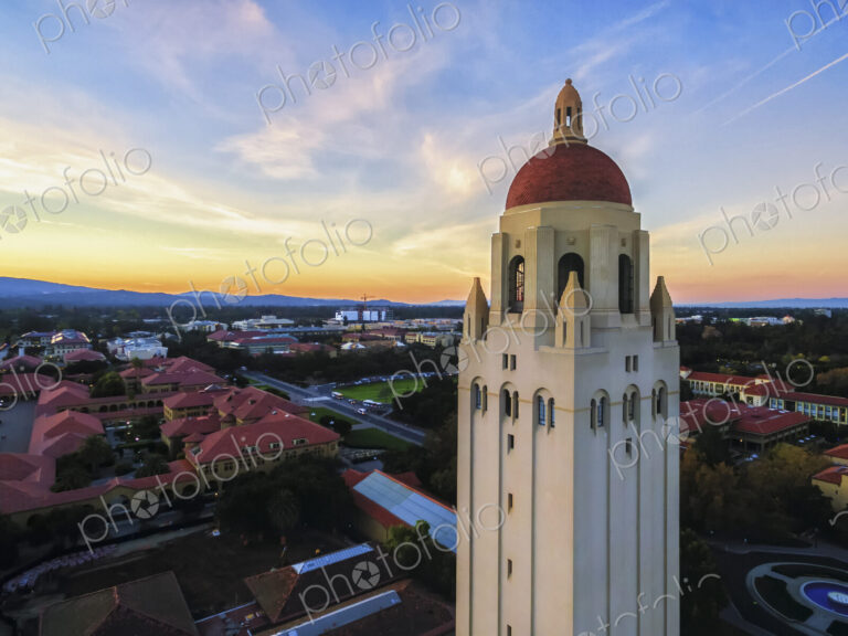 The Hoover Tower and view above Stanford at sunset in Palo Alto in California.