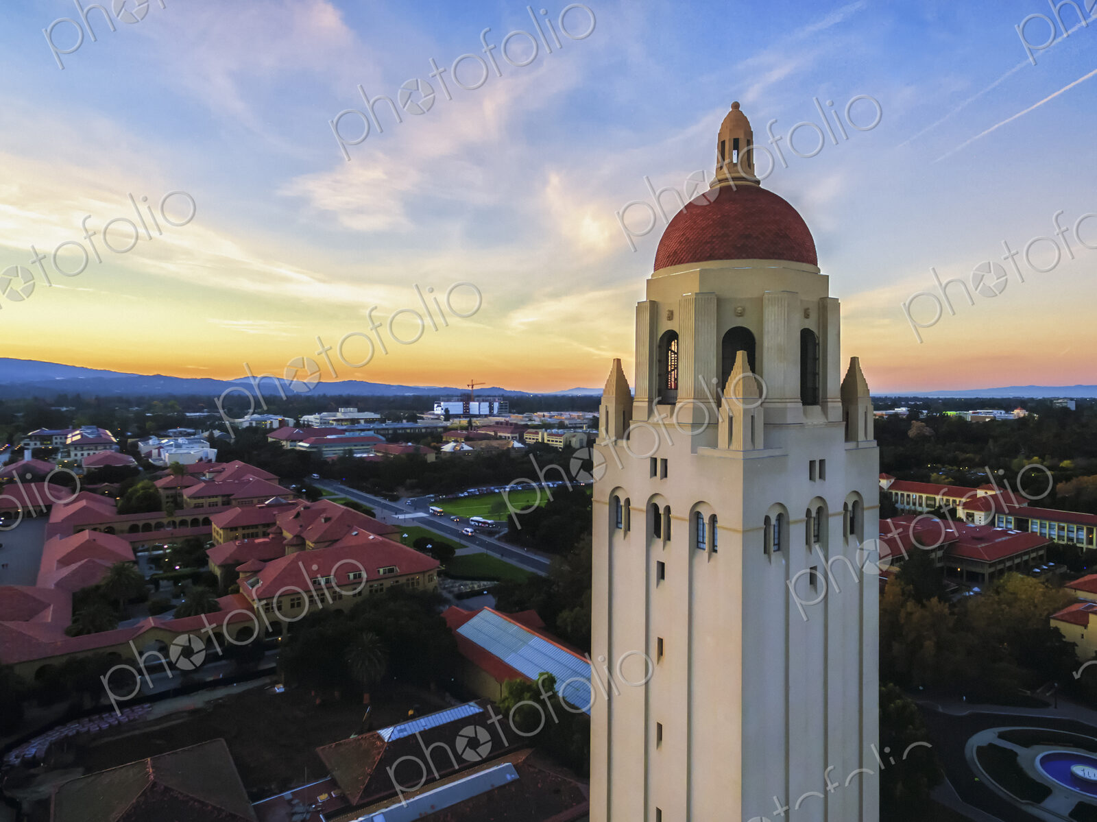 The Hoover Tower and view above Stanford at sunset in Palo Alto in California.