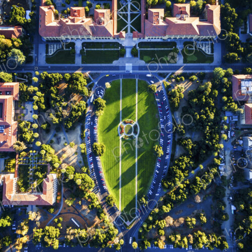The Oval, aerial view of the open space in the middle of Stanford University Campus at…