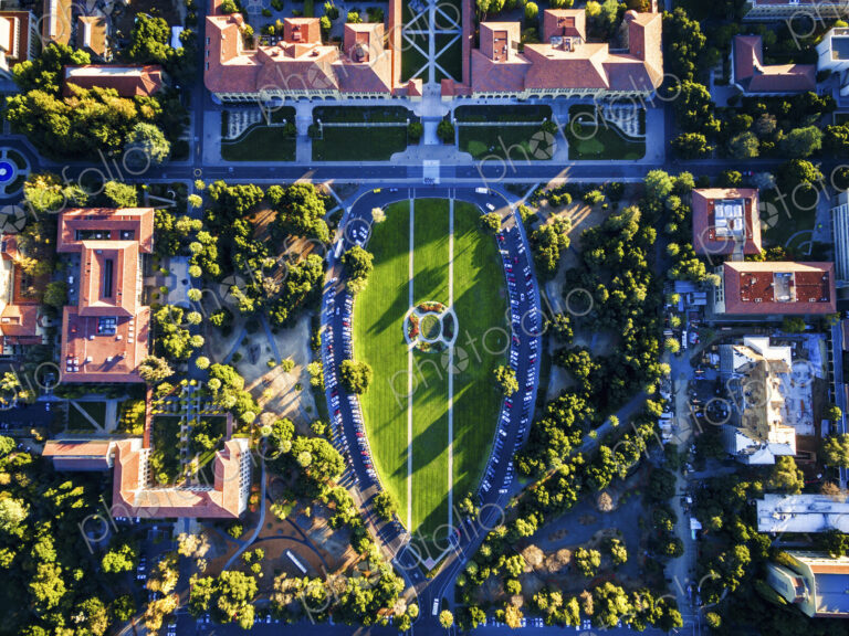 The Oval, aerial view of the open space in the middle of Stanford University Campus at…