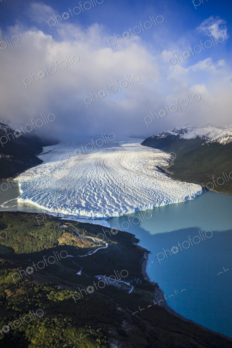 The Perito Moreno Glacier, aerial view of the glacier terminus and the waters of the…