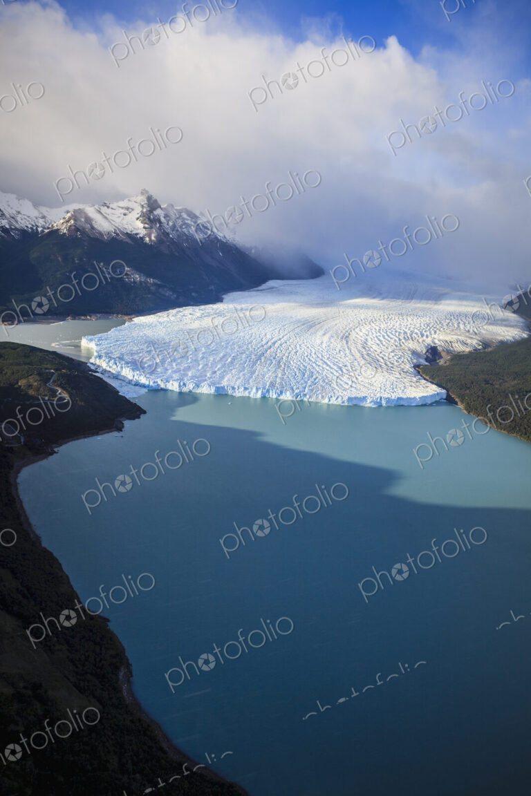 The Perito Moreno Glacier, aerial view of the glacier terminus and the waters of the…