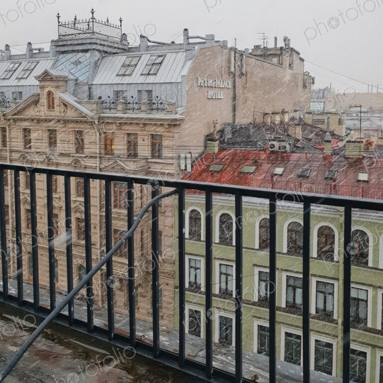 The Petro Palace Hotel, the exterior of the building in driving snow.