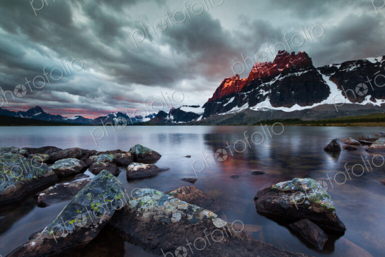 The Ramparts tower over Amethyst Lake, Jasper National Park, Alberta, Canada