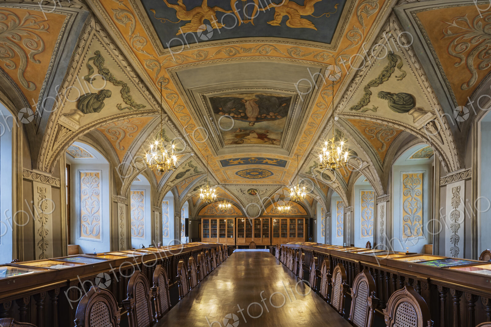 The Reading Room in the Faculty of Philology, Vilnius, a caulted decorated ceiling…