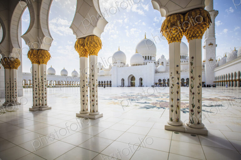 The Sheikh Zayed Mosque, the courtyard and exterior of the prayer hall, modern…