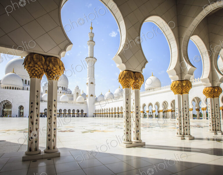 The Sheikh Zayed Mosque, the courtyard and exterior of the prayer hall, modern…