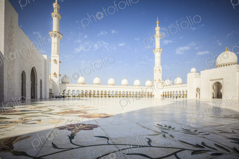 The Sheikh Zayed Mosque, the courtyard and exterior of the prayer hall, modern…