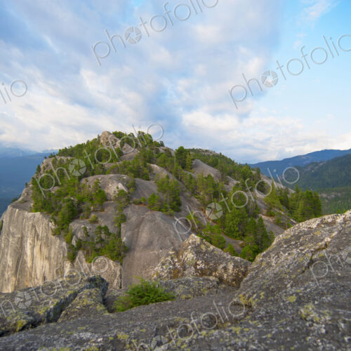 The Stawamus Chief, a granite dome rock formation outside Squamish, one peak seen from…