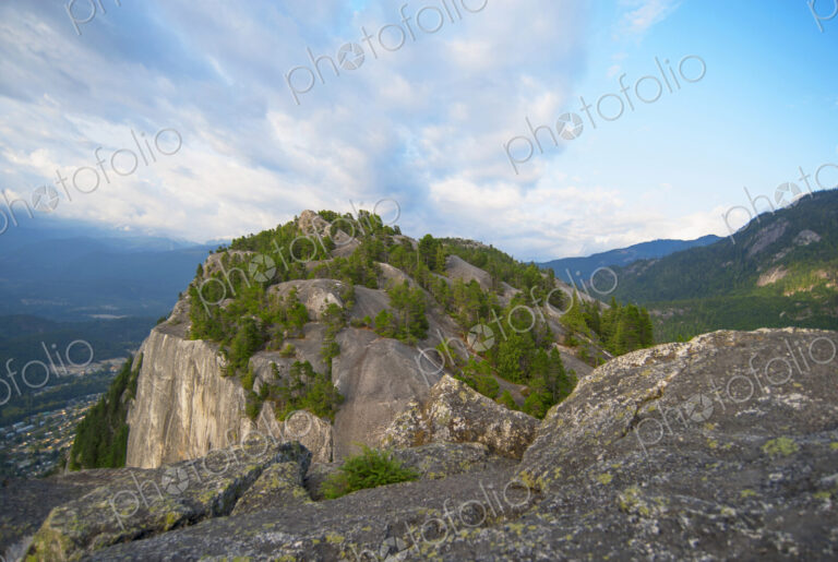 The Stawamus Chief, a granite dome rock formation outside Squamish, one peak seen from…