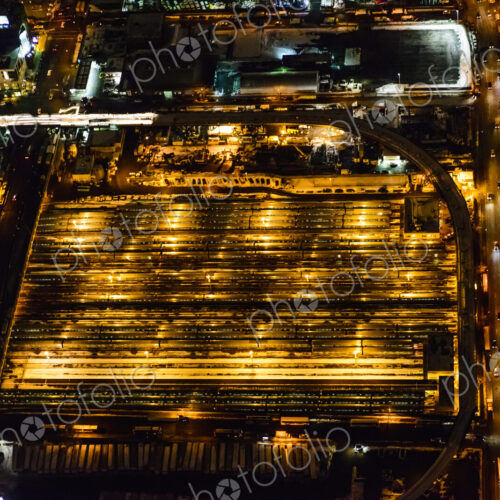The city of New York City, Manhattan, aerial view at night.
