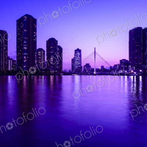 The city of Tokyo at night, the Sumida River, buildings silhouetted against the purple…