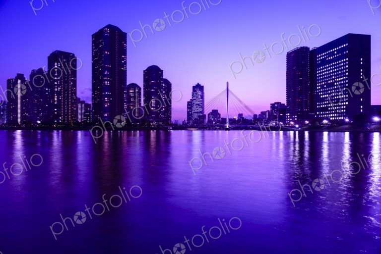 The city of Tokyo at night, the Sumida River, buildings silhouetted against the purple…