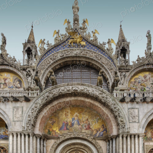 The facade of the Basilica San Marco in Venice, St Mark's Basilica in Piazza San Marco The facade of the Basilica San Marco in Venice, St Mark's Basilica in Piazza San Marco