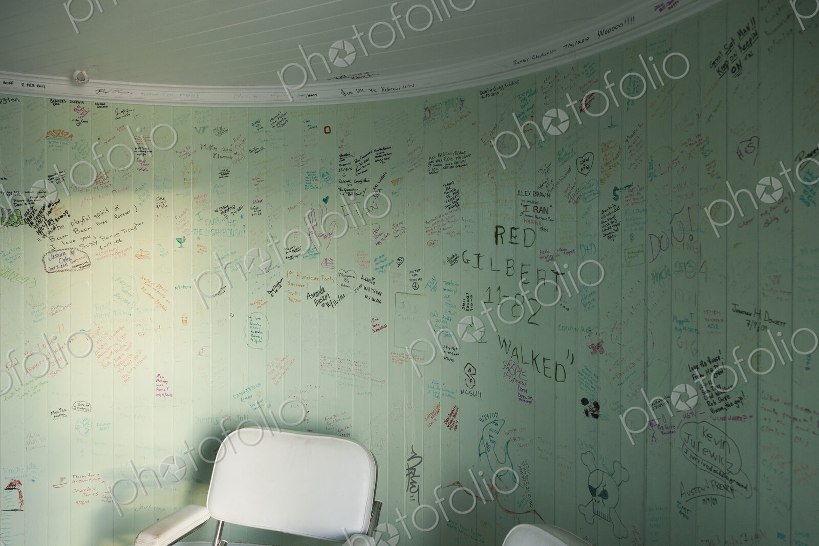 The graffiti on the walls of a lighthouse, an empty room with a chair, drawings and…