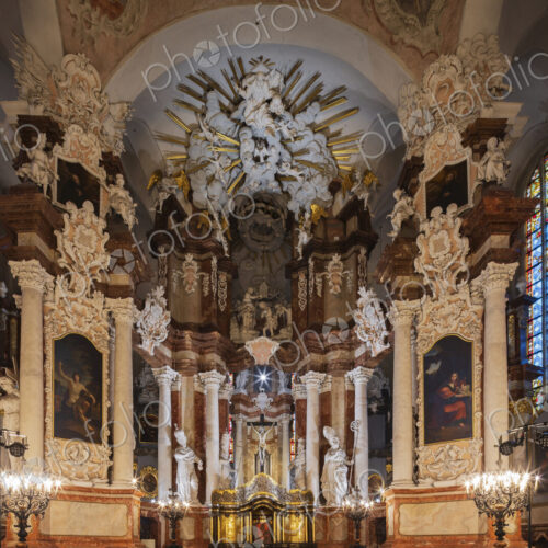 The interior and main altar of St John's Church, in Baroque style, statues and…