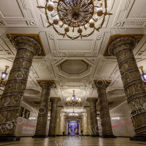 The interior of Avtovo metro underground station, built in 1955, marble floors and… The interior of Avtovo metro underground station, built in 1955, marble floors and…