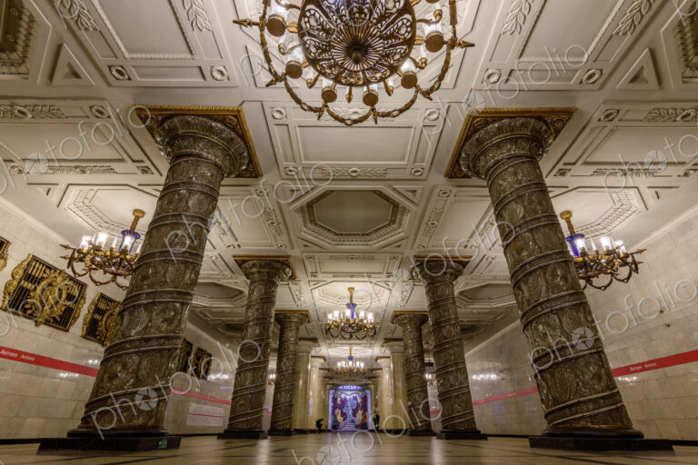 The interior of Avtovo metro underground station, built in 1955, marble floors and…