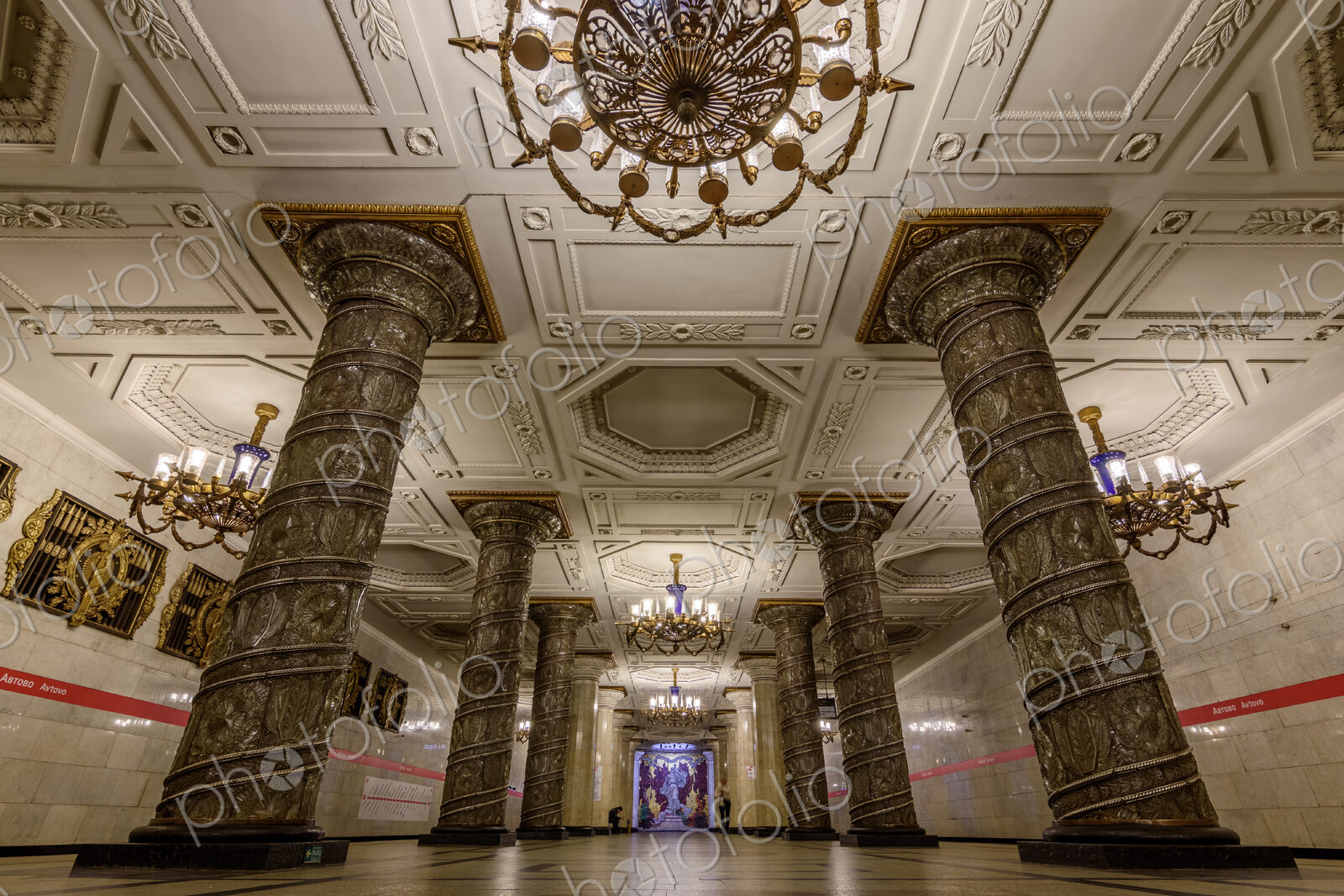 The interior of Avtovo metro underground station, built in 1955, marble floors and…