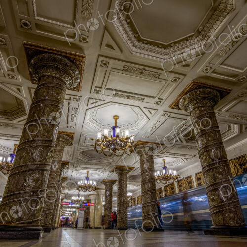 The interior of Avtovo metro underground station, built in 1955, marble floors and… The interior of Avtovo metro underground station, built in 1955, marble floors and…