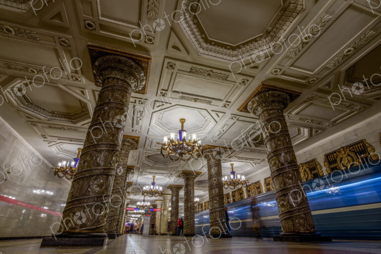 The interior of Avtovo metro underground station, built in 1955, marble floors and…