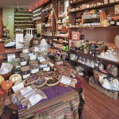 The interior of an apothecary shop, shelves and displays of jars containing plant and… The interior of an apothecary shop, shelves and displays of jars containing plant and…
